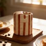 Haklxyg 10oz Ceramic Coffee Mug - Striped cup, Non-slip & Heat-resistant, for Coffee, Tea, Cold Drinks, Minimalist Desk or Couple's Cup, Microwave and Dishwasher Safe.Includes a straw. (Brown)