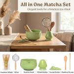 EDELHAUS Matcha Kit Whisk Set (7 Pcs) - Complete Matcha Set, Matcha Bowl with Spout, Whisk with Holder, Bamboo Scoop with Rest and Sifter, Perfect Kit for Matcha Lovers (Green Mist)
