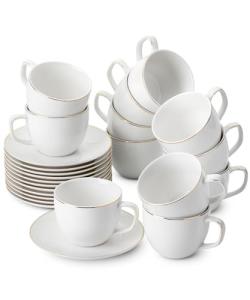 BTaT- Cappuccino Cups with Saucers 8 oz, Set of 12, White Porcelain Coffee Cup and Saucer Set for Latte with Golden Trim Design, Dishwasher Safe, Mocha, Tea, Au Lait, Flat White, Mothers Day Gift