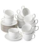 BTaT- Cappuccino Cups with Saucers 8 oz, Set of 12, White Porcelain Coffee Cup and Saucer Set for Latte with Golden Trim Design, Dishwasher Safe, Mocha, Tea, Au Lait, Flat White, Mothers Day Gift
