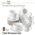BTaT- Cappuccino Cups with Saucers 8 oz, Set of 12, White Porcelain Coffee Cup and Saucer Set for Latte with Golden Trim Design, Dishwasher Safe, Mocha, Tea, Au Lait, Flat White, Mothers Day Gift