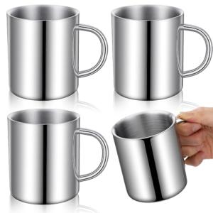 4 PCS Stainless Steel Coffee Mug with Handle, 10oz/300ml Metal Double Walled Cups Anti Scalding Insulated Mugs Reusable Metal Cup Tumbler for Home Camping Travel Outdoors Coffee,Tea and Cold or Hot