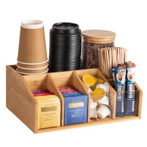 Bamboo Coffee Station Organizer for Countertop, Coffee Bar Accessories Organizer with 6 Compartments for Tea Bags Condiment, Pods, Creamer, Stirrer, Syrup, Cups