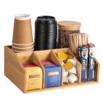 Bamboo Coffee Station Organizer for Countertop, Coffee Bar Accessories Organizer with 6 Compartments for Tea Bags Condiment, Pods, Creamer, Stirrer, Syrup, Cups