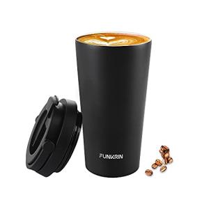 Funkrin Insulated Coffee Mug with Ceramic Coating, 16oz Iced Coffee Tumbler Cup with Flip Lid and Handle, Double Wall Vacuum Leak-Proof Travel Mug for Office School Party Camping