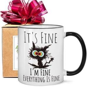 FALJIOK Funny Cat Coffee Mug Gifts for Cat Lover, It's Fine I'm Fine Everything Is Fines Coffee Mug 11oz, Novelty Mugs Gift for Women Man, Cats Lover Birthday Christmas Mugs