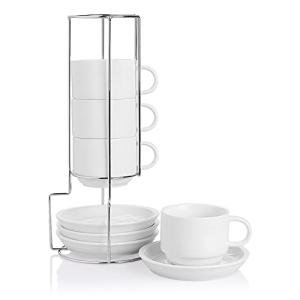 Sweejar Porcelain Cappuccino Cups with Saucers and Metal Stand, 8 Ounce Stackable Espresso Cups for Specialty Coffee Drinks, Latte, Americano, Tea - Set of 4 (White)