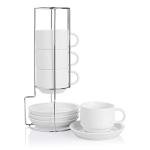 Sweejar Porcelain Cappuccino Cups with Saucers and Metal Stand, 8 Ounce Stackable Espresso Cups for Specialty Coffee Drinks, Latte, Americano, Tea - Set of 4 (White)