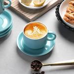 Sweejar Porcelain Cappuccino Cups with Saucers and Metal Stand, 8 Ounce Stackable Espresso Cups for Specialty Coffee Drinks, Latte, Americano, Tea - Set of 4 (White)