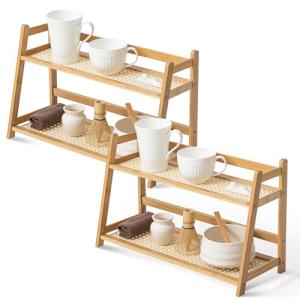 Yalikop 2 Pcs 17.7 Inch 2 Tier Matcha Station Shelf Bamboo Coffee Mug Stand Countertop Storage Rack, Double Layer Rattan Office Cup, Kitchen, Tea, Plant, Bar Accessories Condiment Display (Wood)