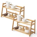 Yalikop 2 Pcs 17.7 Inch 2 Tier Matcha Station Shelf Bamboo Coffee Mug Stand Countertop Storage Rack, Double Layer Rattan Office Cup, Kitchen, Tea, Plant, Bar Accessories Condiment Display (Wood)