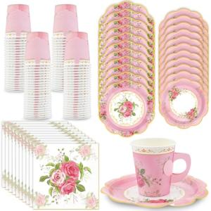 EggSun 200Pcs Floral Tea Cups and Saucers for Tea Party Supplies, Disposable Tea Cups with Handle and Paper Napkins Dinnerware for Floral Theme Birthday Wedding Bridal Shower Baby Shower（Pink）