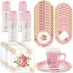 EggSun 200Pcs Floral Tea Cups and Saucers for Tea Party Supplies, Disposable Tea Cups with Handle and Paper Napkins Dinnerware for Floral Theme Birthday Wedding Bridal Shower Baby Shower（Pink）