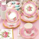 EggSun 200Pcs Floral Tea Cups and Saucers for Tea Party Supplies, Disposable Tea Cups with Handle and Paper Napkins Dinnerware for Floral Theme Birthday Wedding Bridal Shower Baby Shower（Pink）