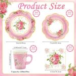 EggSun 200Pcs Floral Tea Cups and Saucers for Tea Party Supplies, Disposable Tea Cups with Handle and Paper Napkins Dinnerware for Floral Theme Birthday Wedding Bridal Shower Baby Shower（Pink）