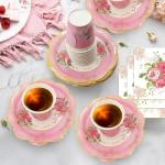 EggSun 200Pcs Floral Tea Cups and Saucers for Tea Party Supplies, Disposable Tea Cups with Handle and Paper Napkins Dinnerware for Floral Theme Birthday Wedding Bridal Shower Baby Shower（Pink）