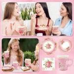 EggSun 200Pcs Floral Tea Cups and Saucers for Tea Party Supplies, Disposable Tea Cups with Handle and Paper Napkins Dinnerware for Floral Theme Birthday Wedding Bridal Shower Baby Shower（Pink）
