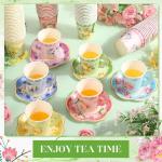 Nuogo 300Pcs Floral Paper Tea Cups and Saucers 7 OZ Disposable Tea Cup with Handle and Plates for Garden Party Supplies Wedding Birthday Baby Shower Bridal Mother's Day, Serve 150 Guest(Fresh Color)