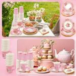 EggSun 200Pcs Floral Tea Cups and Saucers for Tea Party Supplies, Disposable Tea Cups with Handle and Paper Napkins Dinnerware for Floral Theme Birthday Wedding Bridal Shower Baby Shower（Pink）