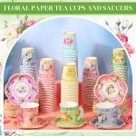 Nuogo 300Pcs Floral Paper Tea Cups and Saucers 7 OZ Disposable Tea Cup with Handle and Plates for Garden Party Supplies Wedding Birthday Baby Shower Bridal Mother's Day, Serve 150 Guest(Fresh Color)