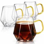 WRINGKIT Set of 4 Glass Espresso Cups, 10 Oz Clear Glass Tea Mugs with Handle, Diamond Shape Espresso Liquor Drinking Mugs for Latte, Cappuccino, Juice, Milk, Beverages, Lightweight