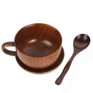 etspolt Wooden Coffee Mug Cup with Spoon and Coaster Set, 3-Piece Vintage Teacup, Natural Wood Cup for Espresso and Tea (Big- 350 ML)