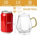 WRINGKIT Set of 4 Glass Espresso Cups, 10 Oz Clear Glass Tea Mugs with Handle, Diamond Shape Espresso Liquor Drinking Mugs for Latte, Cappuccino, Juice, Milk, Beverages, Lightweight