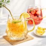 WRINGKIT Set of 4 Glass Espresso Cups, 10 Oz Clear Glass Tea Mugs with Handle, Diamond Shape Espresso Liquor Drinking Mugs for Latte, Cappuccino, Juice, Milk, Beverages, Lightweight