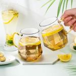 WRINGKIT Set of 4 Glass Espresso Cups, 10 Oz Clear Glass Tea Mugs with Handle, Diamond Shape Espresso Liquor Drinking Mugs for Latte, Cappuccino, Juice, Milk, Beverages, Lightweight