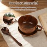 etspolt Wooden Coffee Mug Cup with Spoon and Coaster Set, 3-Piece Vintage Teacup, Natural Wood Cup for Espresso and Tea (Big- 350 ML)