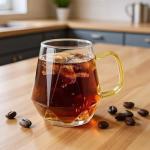 WRINGKIT Set of 4 Glass Espresso Cups, 10 Oz Clear Glass Tea Mugs with Handle, Diamond Shape Espresso Liquor Drinking Mugs for Latte, Cappuccino, Juice, Milk, Beverages, Lightweight