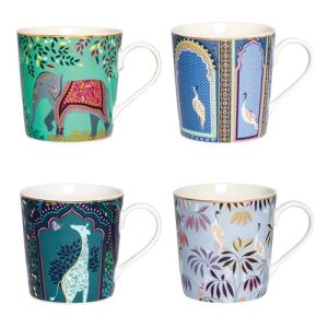 Sara Miller India Mugs, Set of 4 - 12oz Fine China Tea & Coffee Mugs with 22ct Gold Detailing - Collectible Drinkware Featuring Exotic Wildlife in Vibrant Jewel Tones - Great for Gifting