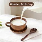 etspolt Wooden Coffee Mug Cup with Spoon and Coaster Set, 3-Piece Vintage Teacup, Natural Wood Cup for Espresso and Tea (Big- 350 ML)