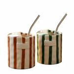 10oz Ceramic Coffee Mug - Striped cup, Non-slip & Heat-resistant, for Coffee, Tea, Cold Drinks, Minimalist Desk or Couple's Cup, Microwave and Dishwasher Safe.Includes two straws. (Green+Brown)