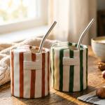 10oz Ceramic Coffee Mug - Striped cup, Non-slip & Heat-resistant, for Coffee, Tea, Cold Drinks, Minimalist Desk or Couple's Cup, Microwave and Dishwasher Safe.Includes two straws. (Green+Brown)