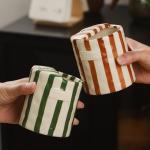 10oz Ceramic Coffee Mug - Striped cup, Non-slip & Heat-resistant, for Coffee, Tea, Cold Drinks, Minimalist Desk or Couple's Cup, Microwave and Dishwasher Safe.Includes two straws. (Green+Brown)