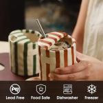 10oz Ceramic Coffee Mug - Striped cup, Non-slip & Heat-resistant, for Coffee, Tea, Cold Drinks, Minimalist Desk or Couple's Cup, Microwave and Dishwasher Safe.Includes two straws. (Green+Brown)