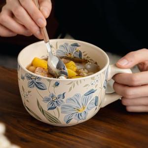 hengshukeji Large Coffee Cup Ceramic Soup Mug, 26 oz Floral Porcelain Mug with Handle, Microwave & Dishwasher Safe Cup for Coffee, Tea, Soup, Breakfast Use (Orchid)