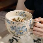 hengshukeji Large Coffee Cup Ceramic Soup Mug, 26 oz Floral Porcelain Mug with Handle, Microwave & Dishwasher Safe Cup for Coffee, Tea, Soup, Breakfast Use (Orchid)