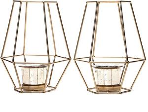 Hosley Set of 2 Gold Metal Lantern Candle Holders – 7” Decorative Tealight Holders with Glass Cups – Modern Geometric Home Décor for Living Room, Tabletop & Centerpiece