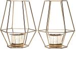 Hosley Set of 2 Gold Metal Lantern Candle Holders – 7” Decorative Tealight Holders with Glass Cups – Modern Geometric Home Décor for Living Room, Tabletop & Centerpiece