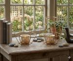 Hosley Set of 2 Gold Metal Lantern Candle Holders – 7” Decorative Tealight Holders with Glass Cups – Modern Geometric Home Décor for Living Room, Tabletop & Centerpiece