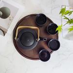 WEOPYCJ Japanese Chinese Tea Set, Asian Ceramic Tea Pot and Cups Set, Porcelain Teapot with Infuser and Wooden Handle 4 Teacup (30oz Black)
