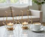Hosley Set of 2 Gold Metal Lantern Candle Holders – 7” Decorative Tealight Holders with Glass Cups – Modern Geometric Home Décor for Living Room, Tabletop & Centerpiece