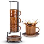 GBhome 6OZ Stackable Coffee Mugs with Stand and Saucer, Ceramic Coffee Mugs Set of 4 with Texture Patterns for Man,Woman,Dad,Mom, Modern Coffee Cups for Latte/Espresso. Dishwasher&Microwave Safe