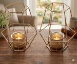 Hosley Set of 2 Gold Metal Lantern Candle Holders – 7” Decorative Tealight Holders with Glass Cups – Modern Geometric Home Décor for Living Room, Tabletop & Centerpiece
