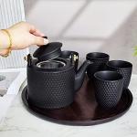 WEOPYCJ Japanese Chinese Tea Set, Asian Ceramic Tea Pot and Cups Set, Porcelain Teapot with Infuser and Wooden Handle 4 Teacup (30oz Black)