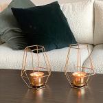 Hosley Set of 2 Gold Metal Lantern Candle Holders – 7” Decorative Tealight Holders with Glass Cups – Modern Geometric Home Décor for Living Room, Tabletop & Centerpiece