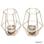 Hosley Set of 2 Gold Metal Lantern Candle Holders – 7” Decorative Tealight Holders with Glass Cups – Modern Geometric Home Décor for Living Room, Tabletop & Centerpiece