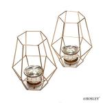 Hosley Set of 2 Gold Metal Lantern Candle Holders – 7” Decorative Tealight Holders with Glass Cups – Modern Geometric Home Décor for Living Room, Tabletop & Centerpiece
